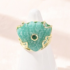 Amazonite Natural Amazonite Cuff Rings, Shell Shape, Brass Micro Pave Cubic Zirconia Cuff Open Rings, Golden, 24.5mm, US Size 7 1/4(17.5mm)