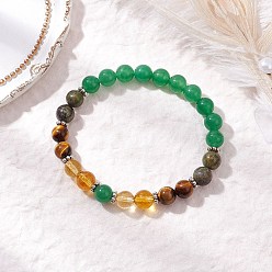 Смешанные камни Браслеты из натурального зеленого авантюрина, яшмы «драконья кровь», кварцевого кристалла и тигрового глаза для женщин, с тибетском стиле сплава бисером, внутренний диаметр: 2-1/4 дюйм (5.6 см)