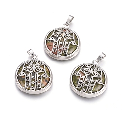 Унакит Природные подвески Unakite, с латунной фурнитурой платинового цвета, квартира с рукой хамсы/рукой мириам, 31x27.5x8.5 мм, отверстие : 6.5x4 мм