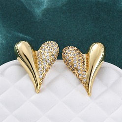 Настоящее золото 18K Серьги-гвоздики из латуни с микро-паве и прозрачным фианитом в форме сердца, без свинца и без кадмия, долговечный, стойки покрытие, реальный 18 k позолоченный, 24x20 мм