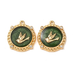 Темно-Зеленый 304 нержавеющей стальной эмали подвески, плоские круглые подвески и подвески в виде птиц, со стразами, золотые, темно-зеленый, 24x21.5x4.5 мм, отверстие : 1.4 мм