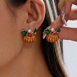Chocolate Halloween Alloy & Imitation Pearl & Enamel Stud Earrings, Pumpkin, Golden, Chocolate, 32x28mm