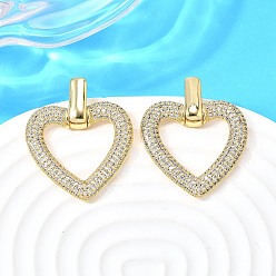 Сердце Серьги-гвоздики из латунного микро-паве, без кадмия и без свинца, стойки покрытие, реальный 18 k позолоченный, сердце, 33x26 мм