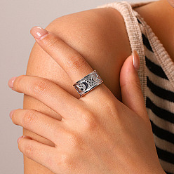 Stainless Steel Color 304 Stainless Steel Wide Band Finger Rings for Women, Moon Pattern, Stainless Steel Color, US Size 11(20.6mm)