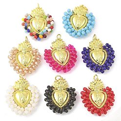 (52) Непрозрачная лаванда Латунь стекло кулоны, Сердце с Девой Марией, с петлей, долговечный, без кадмия и без свинца, стойки покрытие, реальный 18 k позолоченный, граненые, разноцветные, 35.5x30.5x8 мм, отверстие : 5.6 мм