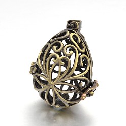 Brushed Antique Bronze Teardrop Brass Hollow Cage Pendants, For Chime Ball Pendant Necklaces Making, Lead Free & Cadmium Free, Brushed Antique Bronze, 34x28x22.5mm, Hole: 7.5x4mm, inner: 27x19mm