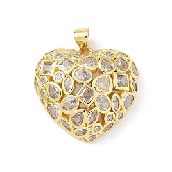 Настоящее золото 18K Латунные микропаве прозрачные подвески с фианитом, сердце, без свинца и без кадмия, долговечный, стойки покрытие, реальный 18 k позолоченный, 24x25x8 мм, отверстие : 5.5x3.5 мм