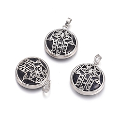 Синий Драгоценный Камень Синтетический синий авантюрин подвески, с латунной фурнитурой платинового цвета, квартира с рукой хамсы/рукой мириам, 31x27.5x8.5 мм, отверстие : 6.5x4 мм