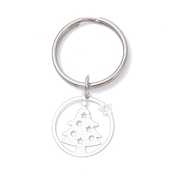 Нержавеющая Сталь Цвет Кольцо с рождественскими елками 201 подвесные украшения из нержавеющей стали, с 304 кольцами для ключей из нержавеющей стали, цвет нержавеющей стали, 50 мм