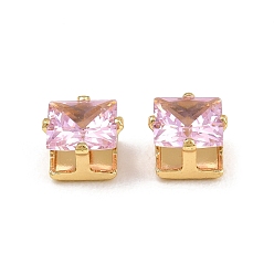 Pink Латунные микро проложить кубического циркония многожильных ссылки, квадратный, граненые, долговечный, стойки покрытие, без свинца и без кадмия, золотые, розовые, 6.5x6.5x5 мм, отверстие : 1.5 мм