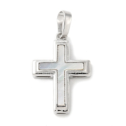 Платина Подвески из латуни с натуральными белыми ракушками, религия крест прелести, долговечный, без свинца и без кадмия, стойки покрытие, платина, 21x14x3.5 мм, отверстие : 3.5x6 мм