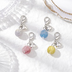 Платина Круглые подвески из искусственной смолы с имитацией кошачьего глаза, застежки-шармы в виде сердца и клешни омара из сплава, платина, 37.5 мм, 4 шт / комплект