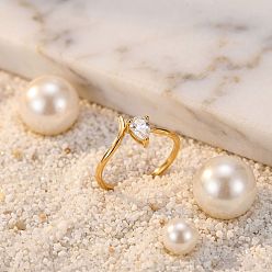 Teardrop 304 Stainless Steel & Clear Cubic Zirconia Finger Rings, Golden, Teardrop, US Size 7(17.3mm)