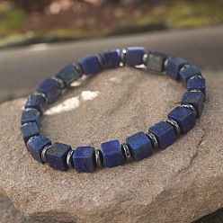 Ляпис-Лазурь Эластичные браслеты из кубического натурального лазурита и синтетического немагнитного гематита для женщин и мужчин., регулируемый