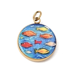 Colorful Printed 304 Stainless Steel Pendants, Round with Tropical Fish Charms, Ion Plating(IP), Long-Lasting Plated, Golden, Colorful, 16x13.5x3mm, Hole: 2.5mm