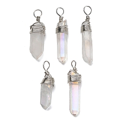 Платина Гальванические подвески из кристаллов натурального кварца, обмотанные проволокой, самородки прелести, с покрытием AB цвета, платина, 31~40x8~10x8~9 мм, отверстие : 3.5 мм