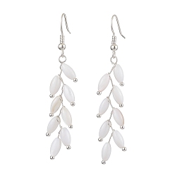 White Dyed Natural Shell Beaded Dangle Earrings for Women, Leaf, Silver, White, 63x13mm