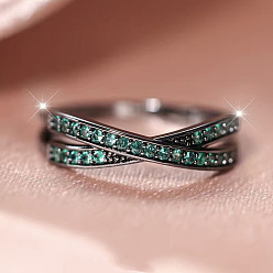 Аквамарин Латунные микро-паве стразы перстни для женщин, крест крест кольца, платина, аквамарин, размер США 9 (18.9 мм)