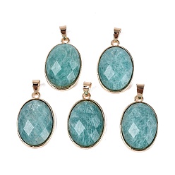 Amazonite Natural Amazonite Pendants, Brass Oval Bezeled Charms, with Iron Snap On Bails, Faceted, Golden, 31.5x20x8~9mm, Hole: 6.5~7.5x3.5~4.5mm