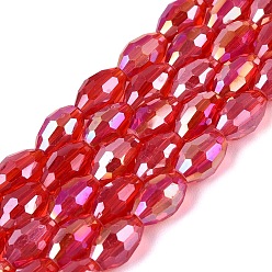 Red Electroplate Transparent Glass Beads Strands, Rice, AB Color Plated, Faceted, Red, 8~8.5x5.5~6mm, Hole: 1~1.2mm, about 67~68pcs/strand, 21.46~22.24 inch(54.5~56.5cm)