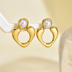 Сердце Серьги шпилька нержавеющая сталь, реальный 18 k позолоченный, с имитацией жемчуга, сердце, 26x20 мм