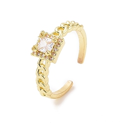 Настоящее золото 18K Открытое квадратное кольцо-манжета из прозрачного кубического циркония, украшения из латуни для женщин, реальный 18 k позолоченный, размер США 8 1/2 (18.5 мм)