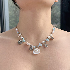 Shell Shape Женские ожерелья из натуральных ракушек, смолы и искусственного жемчуга с подвеской из сплава, платина, формы раковины, 15.75 дюйм (40 см)