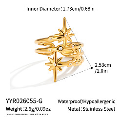 Real 18K Gold Plated 304 Stainless Steel Rhinestone Cuff Open Rings for Women, Star, Real 18K Gold Plated, 25.3mm, US Size 7(17.3mm)