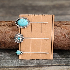 Antique Silver Tibetan Styles Alloy Hair Bobby Pins, with Synthetic Turquoise, Antique Silver, 74mm, 3pcs/set