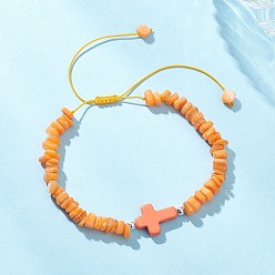 Оранжевый Регулируемые плетеные браслеты из натуральных пресноводных ракушек и окрашенных синтетических бирюзовых бусин для женщин, чип и кросс, оранжевые, внутренний диаметр: 2.09 ~ 3.46 дюйм (5.3~8.8 см)
