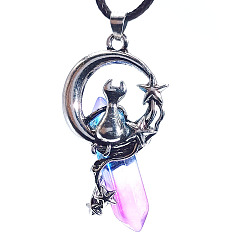 Кварц Синтетические кварцевые подвески с заостренными гранеными пулями, луна с кошачьими чарами, со сплавочной фурнитурой, красочный, 50x22.5x17 мм