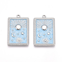 Светло-Голубой 304 подвески из нержавеющей стали, с эмалью, прямоугольник с подвесками в виде луны, звезды и солнца, цвет нержавеющей стали, Небесно-голубой, 28x18x2 мм, отверстие : 1.6 мм