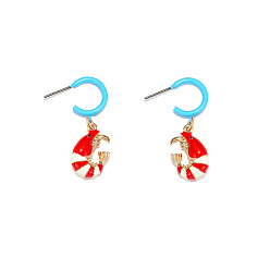 Roja Pendientes colgantes de aleación de zinc esmaltados para mujer, camarón, pendientes de medio aro, Platino, rojo, 35x15 mm