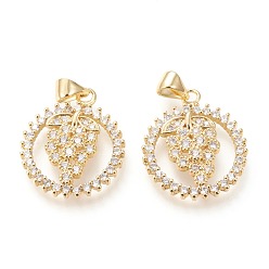 Golden Brass Micro Pave Clear Cubic Zirconia Pendants, Long-Lasting Plated, Ring with Grape, Golden, 27x18x3mm, Hole: 5x4mm