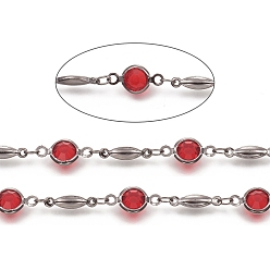 Gunmetal Handmade Brass Curb Chains, Soldered, with Red Flat Round Glass Beads and Rhombus Link Chains, Long-Lasting Plated, with Spool, Gunmetal, 13x6.5x3mm, about 32.8 Feet(10m)/roll