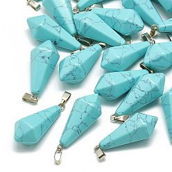 Синтетическая Бирюза Окрашенные синтетические бирюзовые подвески, со случайной защелкой из нержавеющей стали, двухконусные, 29~33x11~12 мм, отверстие: 7x3.5 мм или 6x2 мм