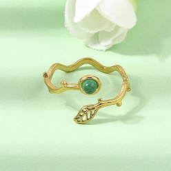 Green Onyx Agate 304 Stainless Steel Cuff Open Rings for Women, Leaf, with Natural Green Onyx Agate, Ion Plating(IP), Golden, 12mm, US Size 7 1/2(17.7mm)