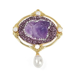 Аметист Подвески из необработанного натурального аметиста, Овальные подвески из латунных индиго-стразов с пластиковой кисточкой из искусственного жемчуга, золотые, 50x40x12.5~14 мм, отверстие : 1.4 мм