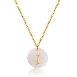 Letter I Натуральная белая ракушка с подвеской в виде монеты и буквы, латунная цепочка для женщин, реальный 18 k позолоченный, Буква "i", 15.35 дюйм (39 см)