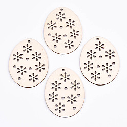 Antique White Undyed Natural Wooden Big Pendants, for Easter, Laser Cut, Easter Egg with Flower, Antique White, 67.5x52x2.5mm, Hole: 2mm