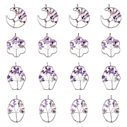 Аметист 8 шт. 4 стили цветы и луна и овал и шестиугольник натуральный аметист медная проволока обернутые чип большие подвески, древо жизни очарование, с фурнитурой железной платинового оттенка, 57~59x36~51x8 мм, отверстие : 6.2 мм, 2 шт / стиль