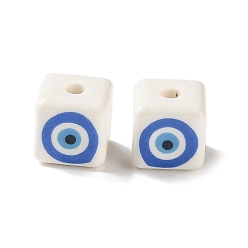 Cube White Base Blue Evil Eye Hand Painted Ceramic Porcelain Beads, Cube, 10x10x10mm, Hole: 2.5mm
