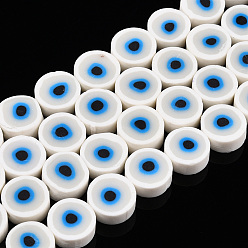 Белый Полимерной глины ручной работы бисер нитей, плоские круглые с сглаза, белые, 8~11x4 мм, отверстие : 1.2 мм, около 40 шт / нитка, 13.98 дюйм~ 15.35дюйм(35.5см~39см)