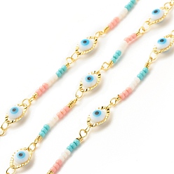 Colorful Glass Evil Eye Link Chain, with Brass Findings, Long-Lasting Plated, Soldered, with Spool, Colorful, 10x6x3.5mm, 22.5x2mm
