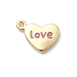 Бледно-фиолетовый Красный Латунь эмаль подвески, сердце со словом любовь прелести, стойки покрытие, долговечный, без кадмия и без свинца, реальный 18 k позолоченный, бледно-фиолетовый красный, 8.5x12x1.5 мм, отверстие : 1 мм