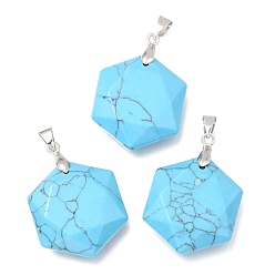 Synthetic Turquoise Faceted Synthetic Turquoise Pendants, with Platinum Tone Brass Findings, Hexagon, 28x25x9mm, Hole: 4x5mm