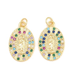 Colorful Brass Micro Pave Colorful Cubic Zirconia Pendants, Oval with Virgin Mary Charms, Cadmium Free & Lead Free, Long-Lasting Plated, Rack Plating, Real 18K Gold Plated, Colorful, 23x15x2.5mm, Hole: 3mm