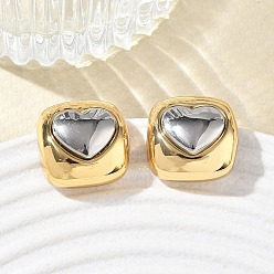 Golden & Stainless Steel Color 304 Stainless Steel Stud Earrings, Square with Heart Pattern, PVD Vacuum Plating, Golden & Stainless Steel Color, 17x17mm