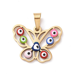 Colorful PVD Vacuum Plating 304 Stainless Steel Enamel Pendants, Golden, Hollow, Butterfly with Evil Eye, Colorful, 15x20x2.5mm, Hole: 5x3mm