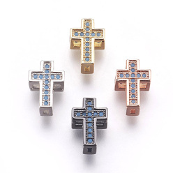 Mixed Color Brass Micro Pave Cubic Zirconia Beads, Lead Free & Cadmium Free, Cross, Light Sky Blue, Mixed Color, 11.5x8x5.5mm, Hole: 1mm and 2x5mm